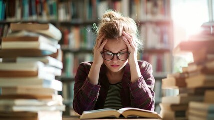 Student struggling with overwhelming studies in a library setting, feeling the pressure, 4K