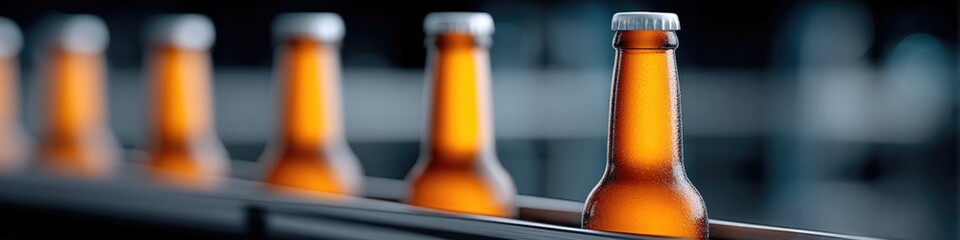 Bottles lined up on conveyor belt glimmering with amber liquid,