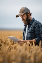 Man in cap examines document amidst golden wheat field under clo