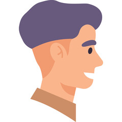 Profile of a Man With Short Purple Hair and A Brown Collar Shirt Smiling With Open Mouth and Dark Eyes Set Against A Transparent Background