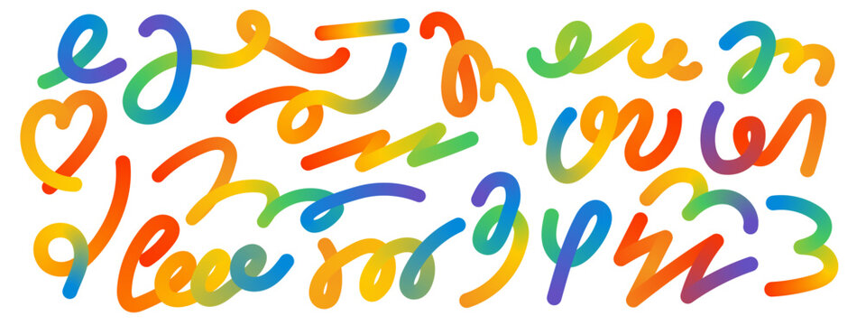 Colorful fluid squiggle strokes. Curvy gradient lines. Rainbow swirls and twisty shapes.