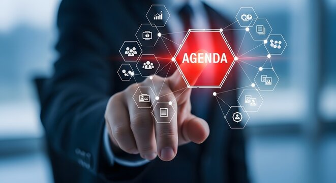 Businessman touching agenda button on virtual screen with digital icons