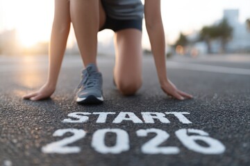 Kneeling runner prepares for 2026 race, showcasing determination