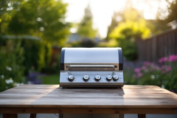 Shiny grill placed on wooden table surrounded by vibrant garden