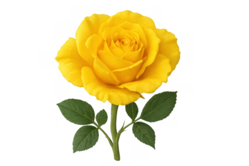 Yellow rose with vibrant petals and green leaves, symbolizing friendship and joy on transparent background