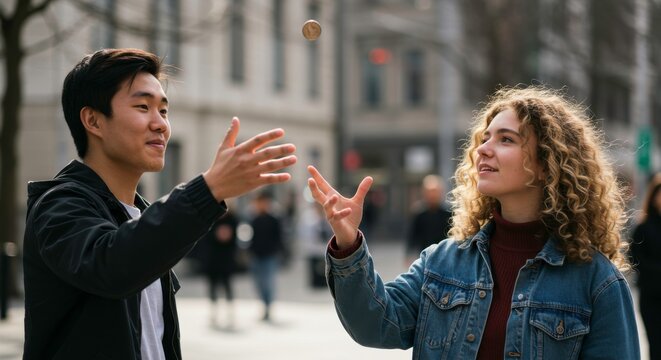Young diverse couple tossing a coin on the street to make a decision with smiles and anticipation