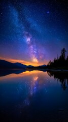 Night Sky Milky Way Galaxy Over Mountain Lake Reflection Scenic Landscape