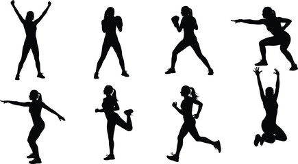 Athletic silhouette poses, fitness movements, workout actions, exercise icons, running jumping squatting, martial arts, boxing stance, vector illustration, active lifestyle