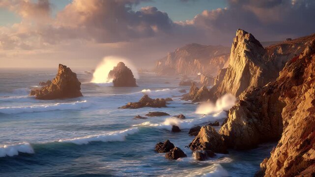 Majestic rugged coastal cliffs and rock formations bathed in warm golden light during sunset along the shoreline