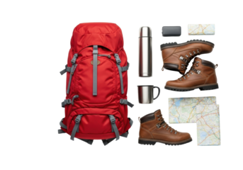 Vibrant red hiking backpack, brown boots, silver thermos, travel mug, road maps flat lay on transparent, soft studio light, anticipation for adventure and wanderlust