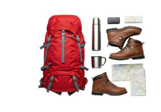 Vibrant red hiking backpack, brown boots, silver thermos, travel mug, road maps flat lay on transparent, soft studio light, anticipation for adventure and wanderlust