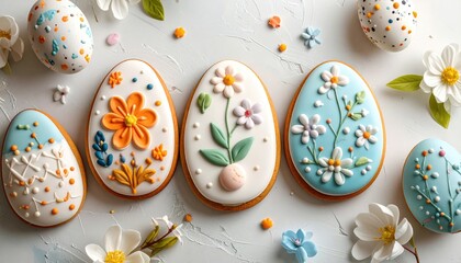 Decorated floral Easter egg cookies & blossoms on white
