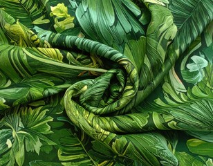 Lush green foliage textile, curled texture