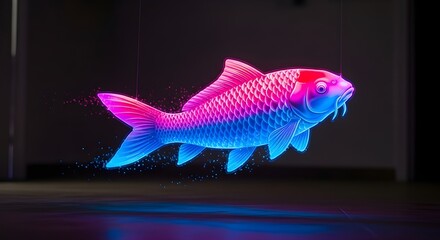 Abstract neon fish sculpture illuminated with pink and blue light on a dark background