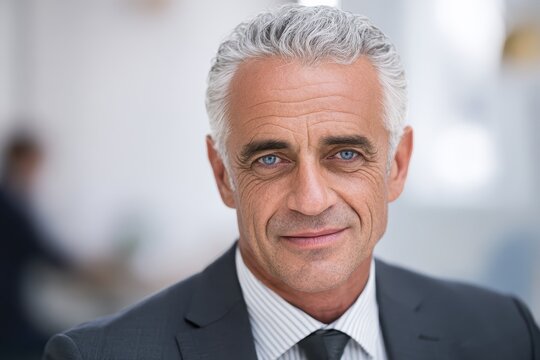 Confident senior business man in headshot taken indoors with blurred office background, showcasing experience and professionalism in a modern work environment - Powered by Adobe