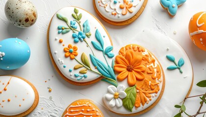Decorated egg cookies & Easter eggs flatlay on white