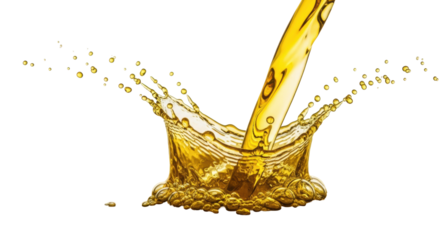 Vibrant golden-yellow liquid stream pouring into a pool, creating high-speed frozen splashes, radiating waves, and effervescent bubbles against a transparent studio background, concept of dynamic