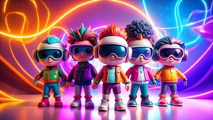 Colorful animated characters wearing virtual reality headsets standing together in a vibrant digital environment