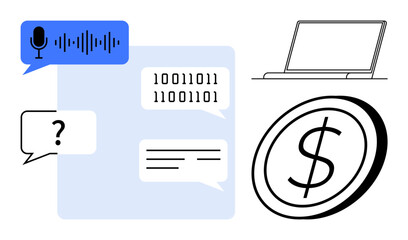 Speech bubbles with text, binary code, microphone icon, laptop, and coin. Ideal for communication, technology, AI digital currency innovation finance and data. Simple flat metaphor