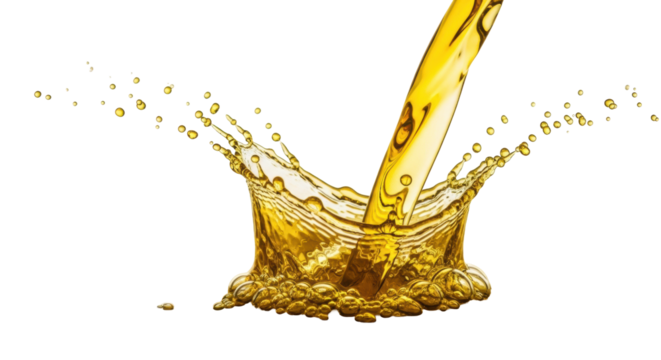 Vibrant golden-yellow liquid stream pouring into a pool, creating high-speed frozen splashes, radiating waves, and effervescent bubbles against a transparent studio background, concept of dynamic