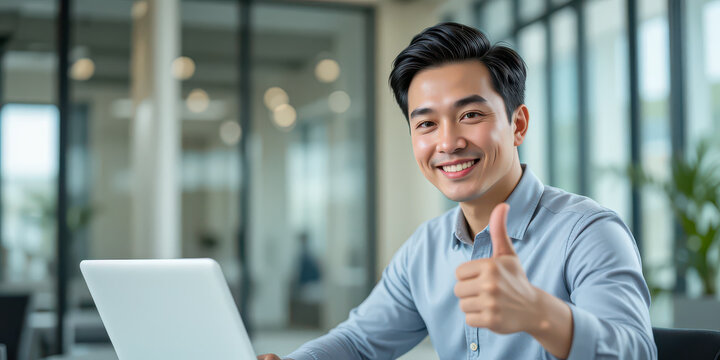 Confident young man working on laptop in bright modern office giving thumbs up with friendly smile, positive business attitude, clean workspace and professional lifestyle atmosphere
