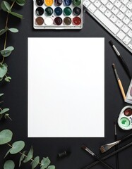 Workspace setup; blank paper, paints, keyboard, brushes