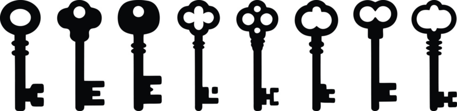 Collection of diverse vintage skeleton keys in black silhouette on a clean white background, representing security and access.