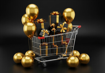 Golden christmas gifts and balloons overflowing from a shopping cart isolated on transparent background