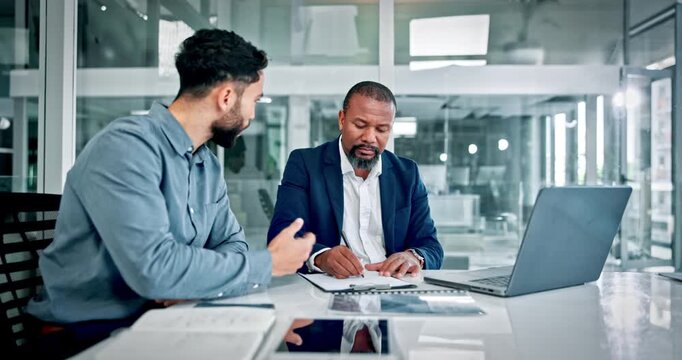 Financial advisor, talking and men in office, document and feedback for profit increase. Business people, investor and employees in workplace, pc and conversation with revenue growth and teamwork