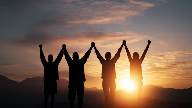 Silhouetted group celebrating success at sunset, dynamic teamwork and achievement video, 4K