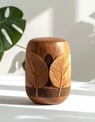 Carved wooden cylinder with leaf motif against white
