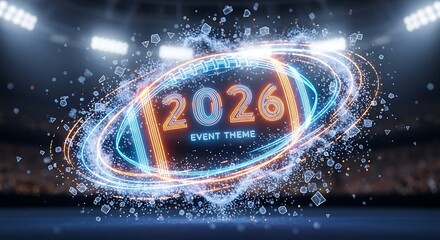 Dynamic 2026 event theme with glowing neon football shape, energetic particles, and bright stadium lights in a festive sport atmosphere.