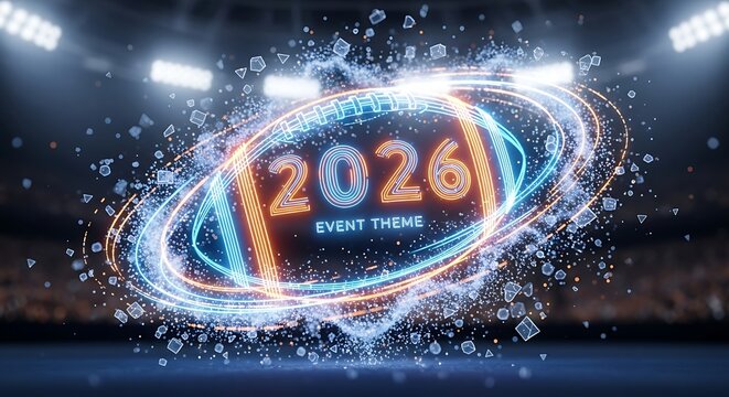 Dynamic 2026 event theme with glowing neon football shape, energetic particles, and bright stadium lights in a festive sport atmosphere. - Powered by Adobe