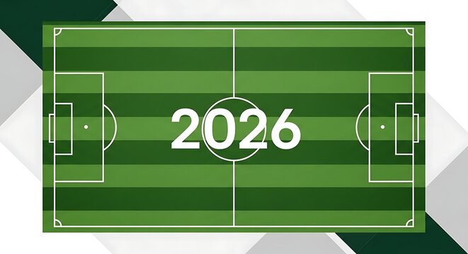 Soccer football field pitch with 2026 graphic in center, symbolizing future championships, global tournaments, and athletic competition vector