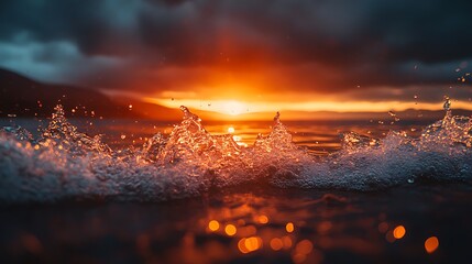Golden Sunset Over Ocean Waves with Dramatic Sky, Coastal Landscape, and Peaceful Scene.