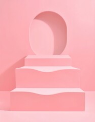 Pink steps/platform with oval cutout on pale pink wall