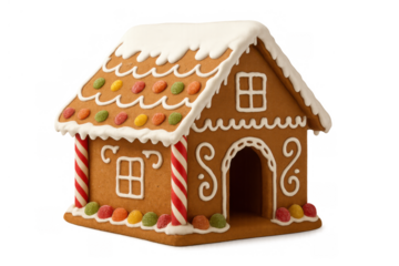Gingerbread christmas house decorated with icing and candy on transparent background, symbolizing festive holidays