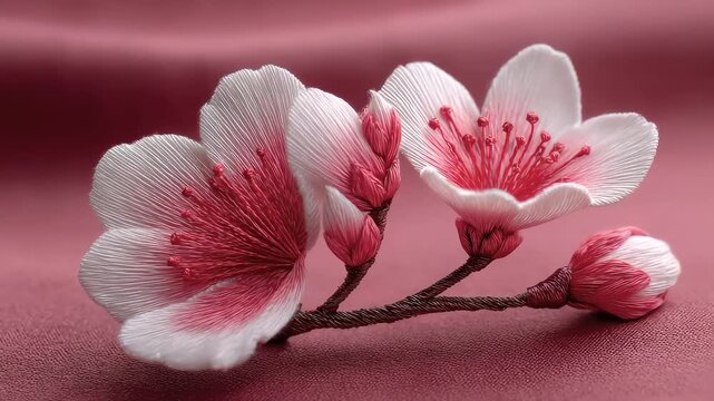 The beautiful cherry blossoms bloom under the silk embroidery of the Tang Dynasty