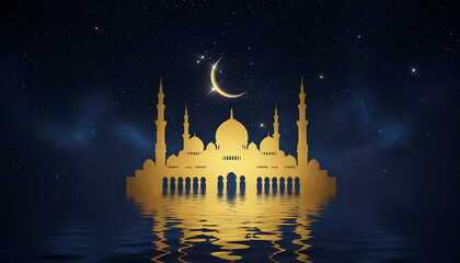 Golden mosque silhouette reflecting in water under a crescent moon and starry night sky scene view
