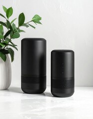 Two black cylinder speakers with plant decor