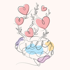 Brain with plants growing around the heart one line drawing. Brain with plants growing around the heart single line illustration. Brain with plants growing around the heart minimalist line art