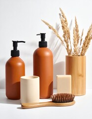 Bath still life Bottles, brush, soap, and dried grass