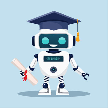 An adorable white robot wearing a graduation cap and holding a diploma scroll, symbolizing achievement and future success in education