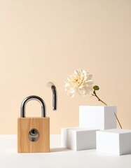 Unlocked padlock, flower, white cubes on neutral background