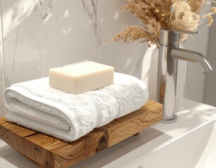 Soap on white towel on wooden stand, modern bathroom