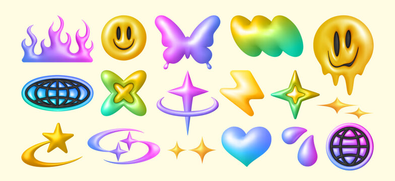 Colorful y2k icons set isolated on background. Vector realistic illustration of holographic 3d stickers of different shape, iridescent butterfly, star, heart stickers, retro smiley and planet emoji