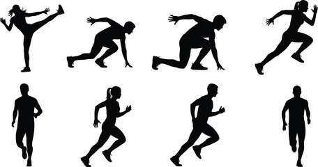 Running silhouette vector set, athletic pose illustration, fitness motion icons, sprint and jog graphic, black dynamic figure collection