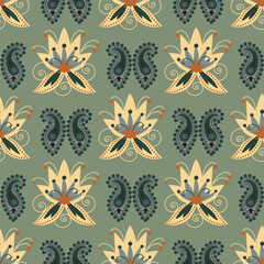 Traditional seamless Paisley floral hand-drawn pattern. Indian Kashmir ornament. Vector