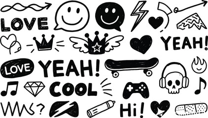 Hand drawn doodle vector set illustration. Artistic sketch doodle collection. Vector elements for design, icons, and embellishment.  Black and white drawing concept.