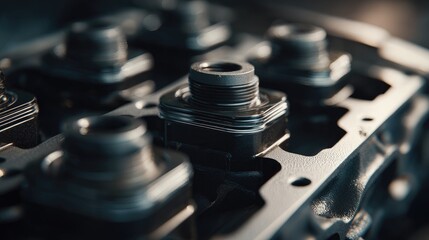 Close-up of an engine block with metal components installed